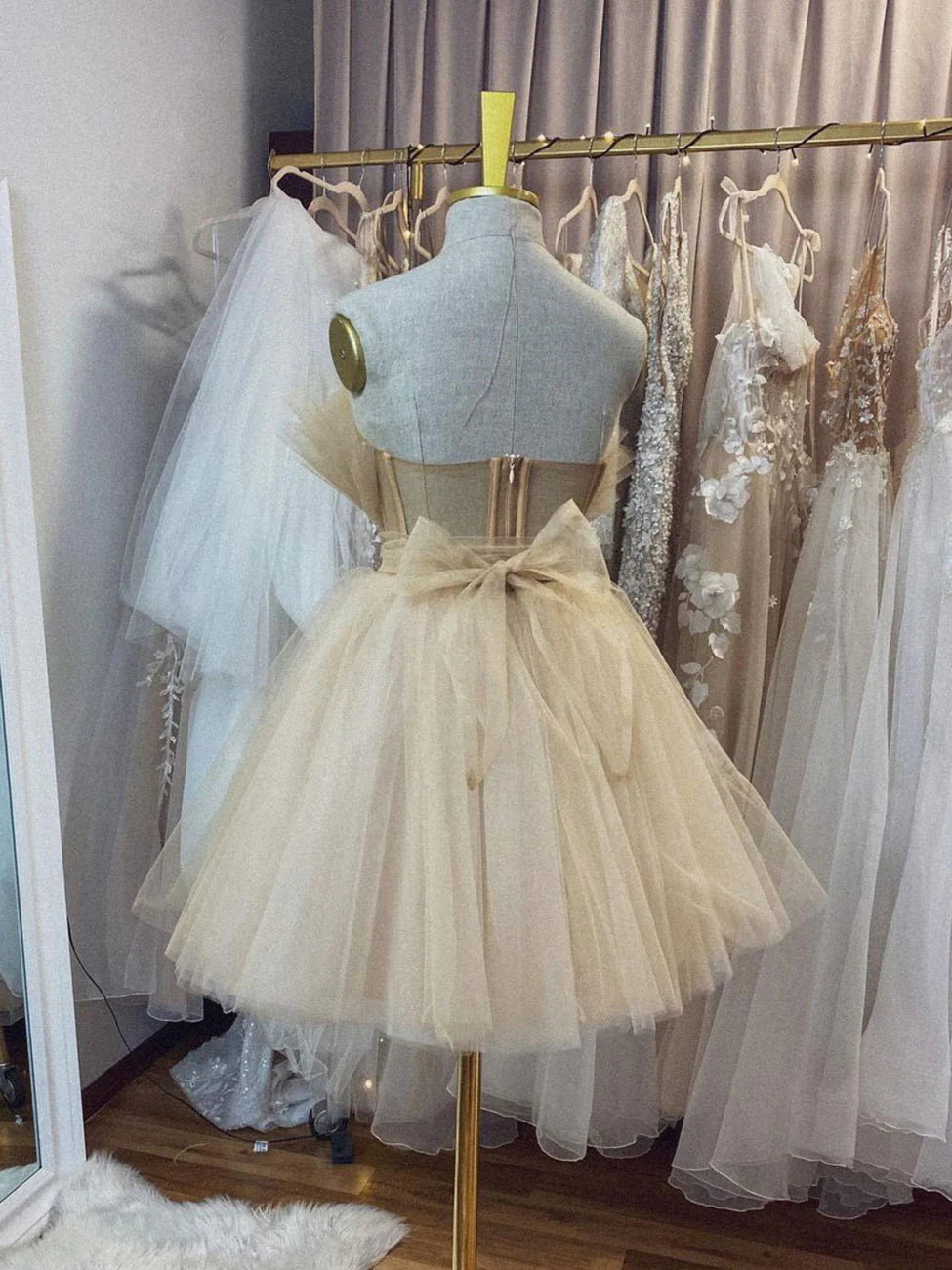 Amzcw Champagne tulle short prom dress champagne tulle homecoming dress formal wear dresses