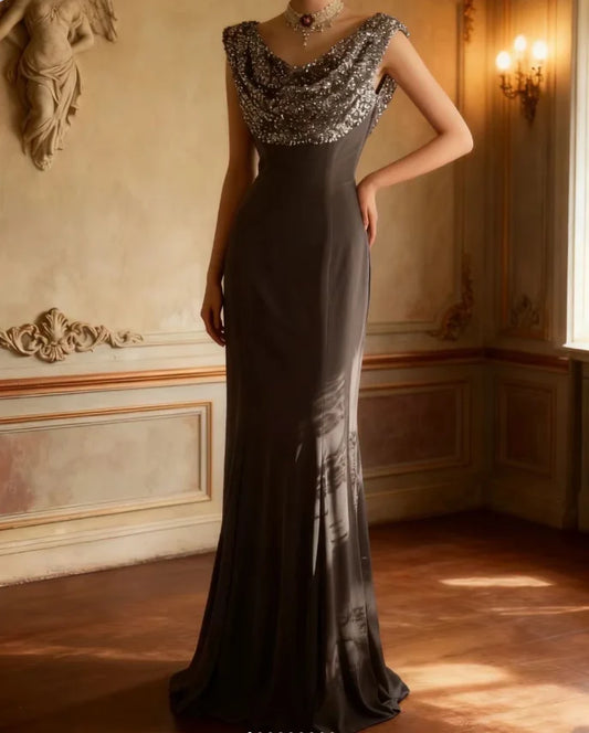 Charcoal Gray Cowl Neck Beaded Backless Mermaid Floor Length Prom Dress