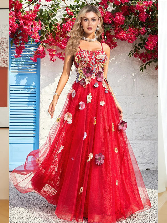 Vestidos de fiesta largos de tul con apliques y corte en A para noche 