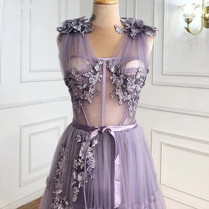 Vestidos de noche largos de fiesta con escote en V, apliques de tul y flores