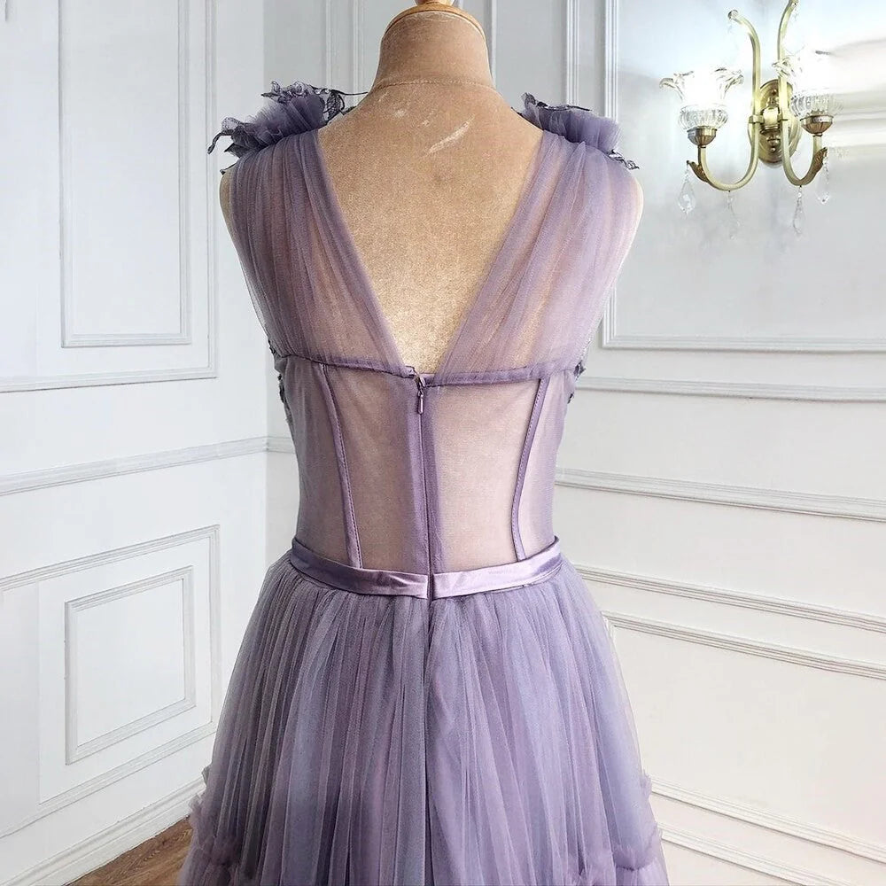 Vestidos de noche largos de fiesta con escote en V, apliques de tul y flores