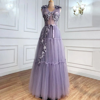 Vestidos de noche largos de fiesta con escote en V, apliques de tul y flores