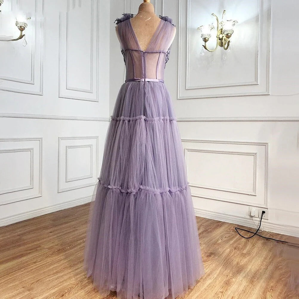 Vestidos de noche largos de fiesta con escote en V, apliques de tul y flores