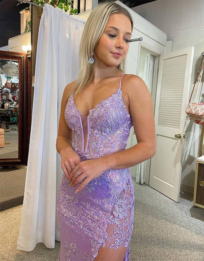 Vestidos de fiesta largos con escote en V, tirantes finos y apliques con abertura sexy 