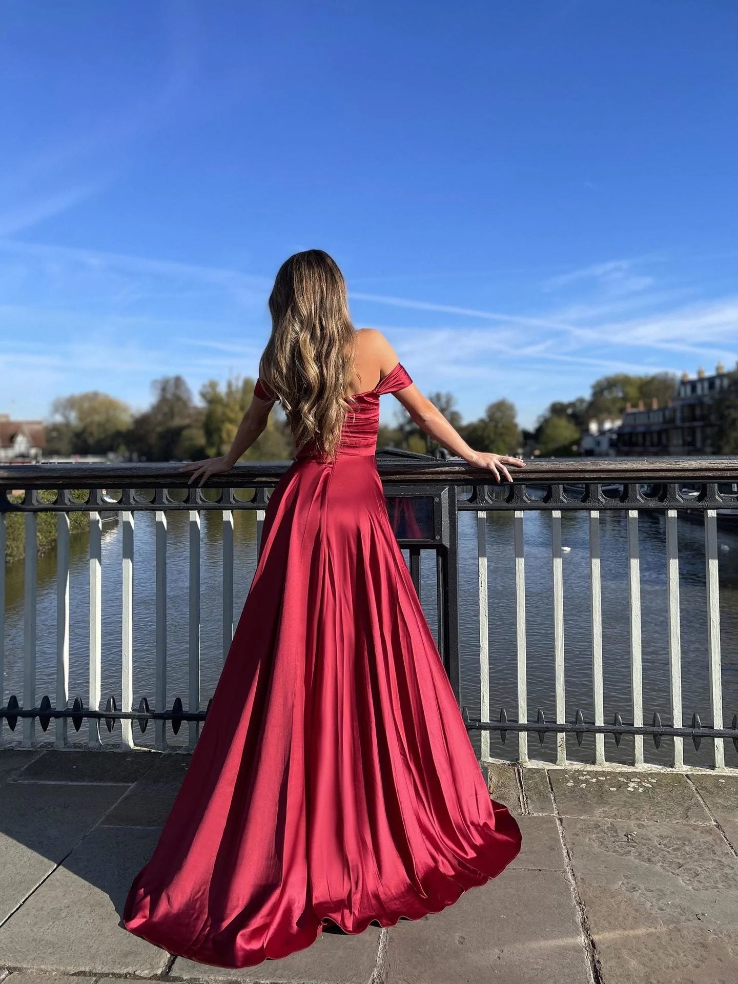 Off The Shoulder Long Slit Burgundy Simple Prom Dresses
