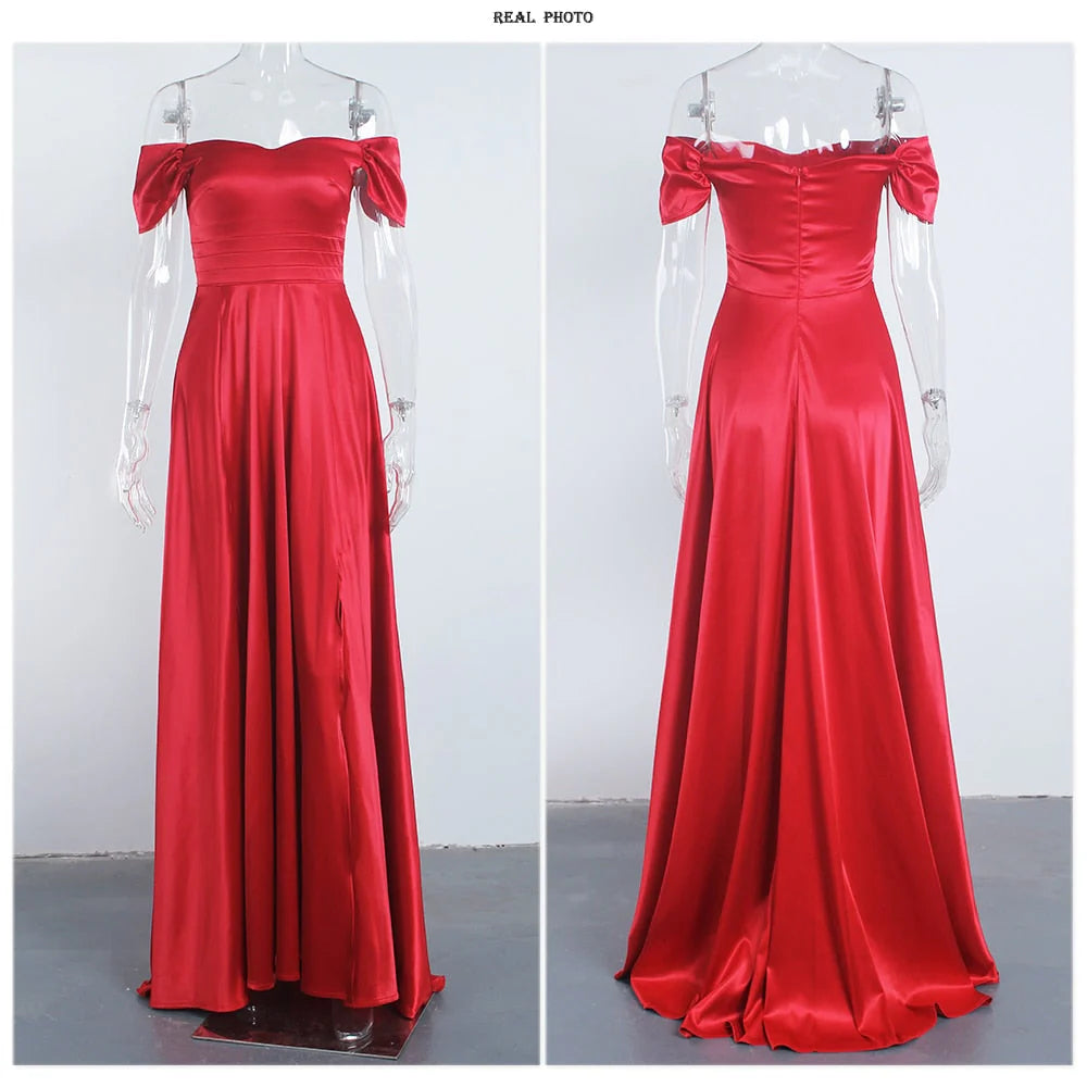 Off The Shoulder Long Slit Burgundy Simple Prom Dresses