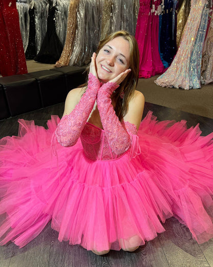 Charming Strapless Sweetheart Lace High Low Appliques A-line Tiered Prom Dresses