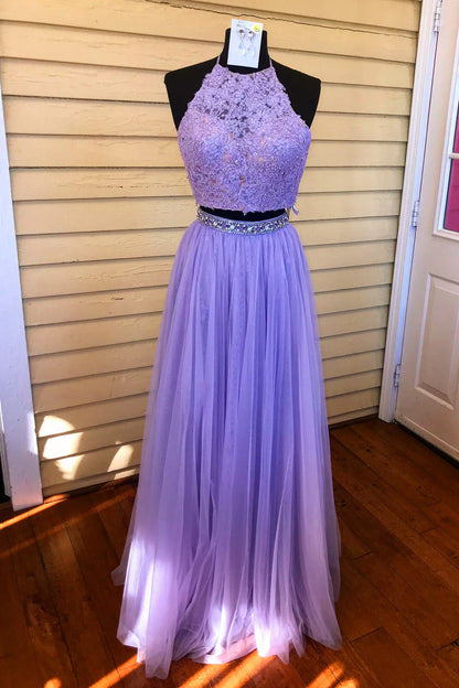 Encantadores vestidos de fiesta de dos piezas con escote halter largo, espalda abierta, fluidos, de tul violeta y cuentas 