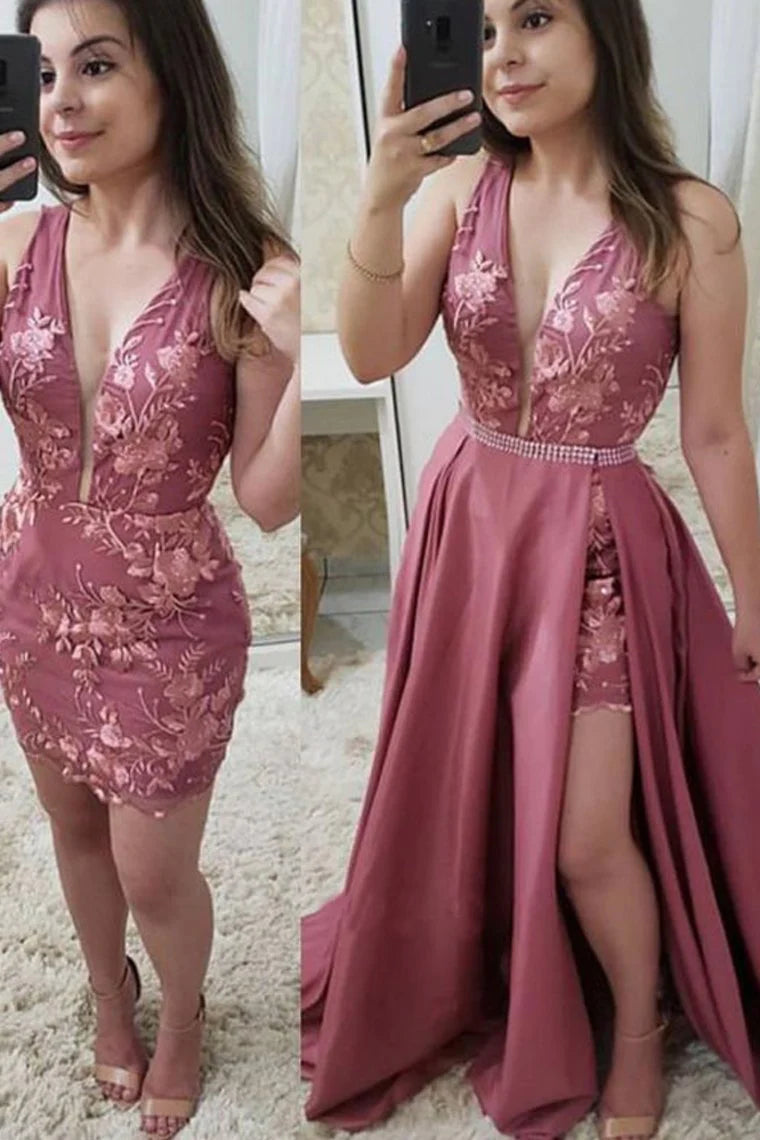 Elegantes vestidos de fiesta largos de dos piezas con escote en V y encaje rosa ruborizado, vestidos de noche con cuentas 