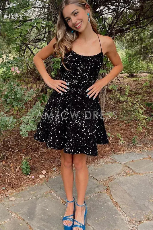Amzcw Charming A Line Scoop Neck Black Sequins Short Homecoming Dresses formal wear dresses