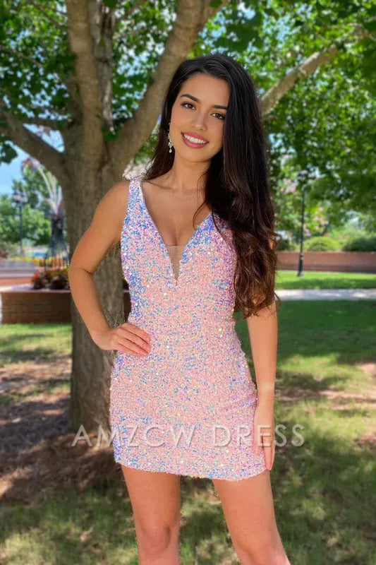 Amzcw Charming Bodycon V Neck Light Pink Sequins Short Homecoming Dresses formal wear dresses