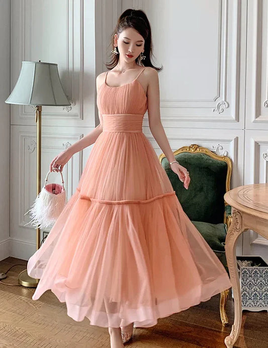 Charming Sleeveless Elegant  Romantic Pleated Spaghetti-Strap Open-Back Tiered Tulle Midi Party Dress