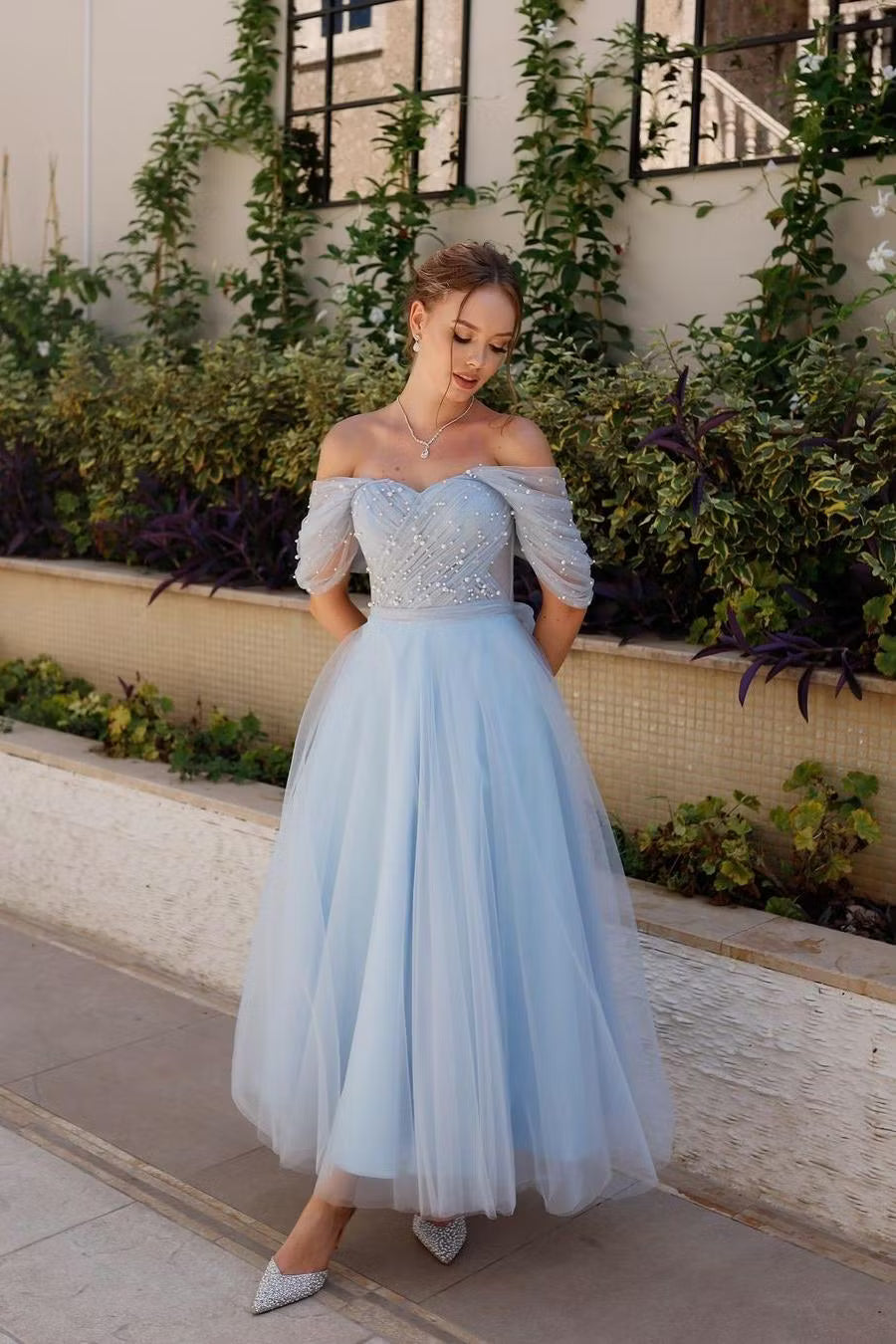 Charming A-Line Off-Shoulder Beaded Tulle Light Blue Midi Prom Dress