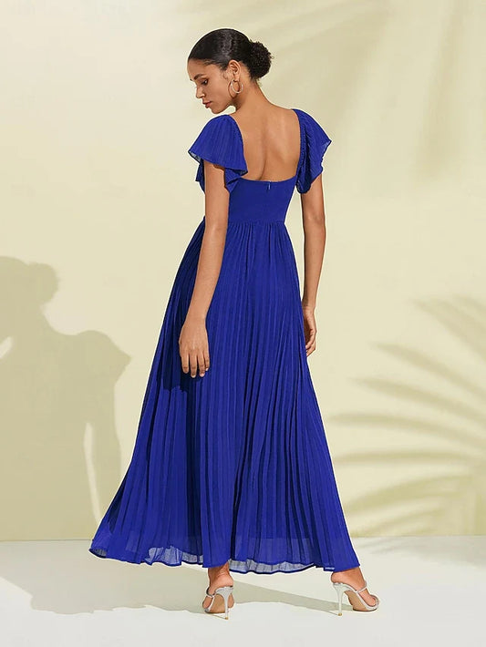 Charming A-Line Sweetheart Flutter Sleeve Pleated Royal Blue Floor-Length Prom Dresses Gown