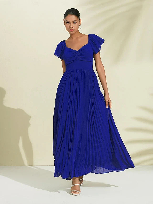 Charming A-Line Sweetheart Flutter Sleeve Pleated Royal Blue Floor-Length Prom Dresses Gown