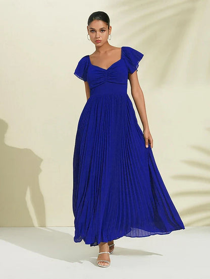 Charming A-Line Sweetheart Flutter Sleeve Pleated Royal Blue Floor-Length Prom Dresses Gown