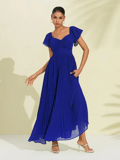 Charming A-Line Sweetheart Flutter Sleeve Pleated Royal Blue Floor-Length Prom Dresses Gown