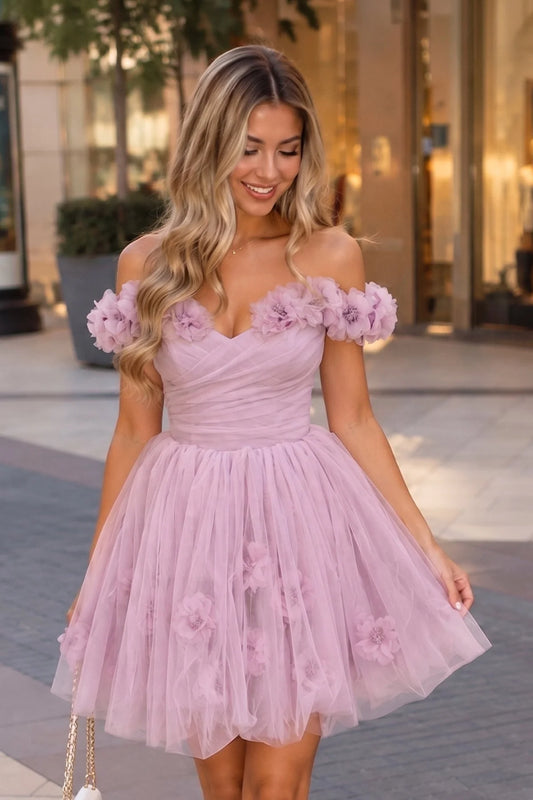 Charming A-Line Sweetheart Off-Shoulder Floral Tulle Lilac Short Homecoming Dress