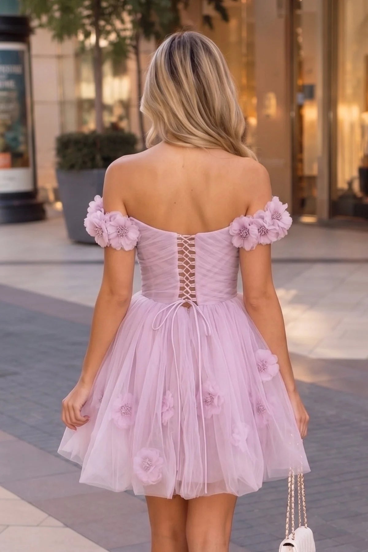 Charming A-Line Sweetheart Off-Shoulder Floral Tulle Lilac Short Homecoming Dress