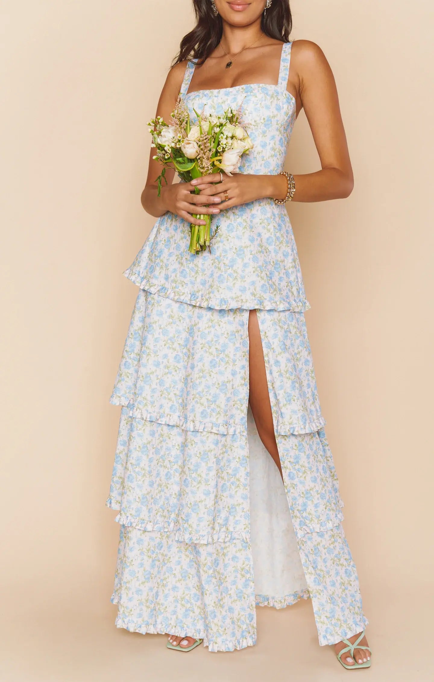 Charming A-Line Sweetheart Sleeveless Floral Tiered Light Blue Maxi Prom Dress