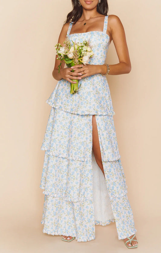 Charming A-Line Sweetheart Sleeveless Floral Tiered Light Blue Maxi Prom Dress