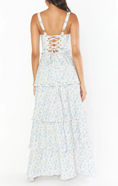 Charming A-Line Sweetheart Sleeveless Floral Tiered Light Blue Maxi Prom Dress