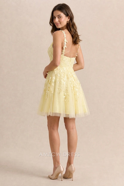 Charming A-Line V-Neck Embroidered Floral Light Yellow Short Homecoming Dress