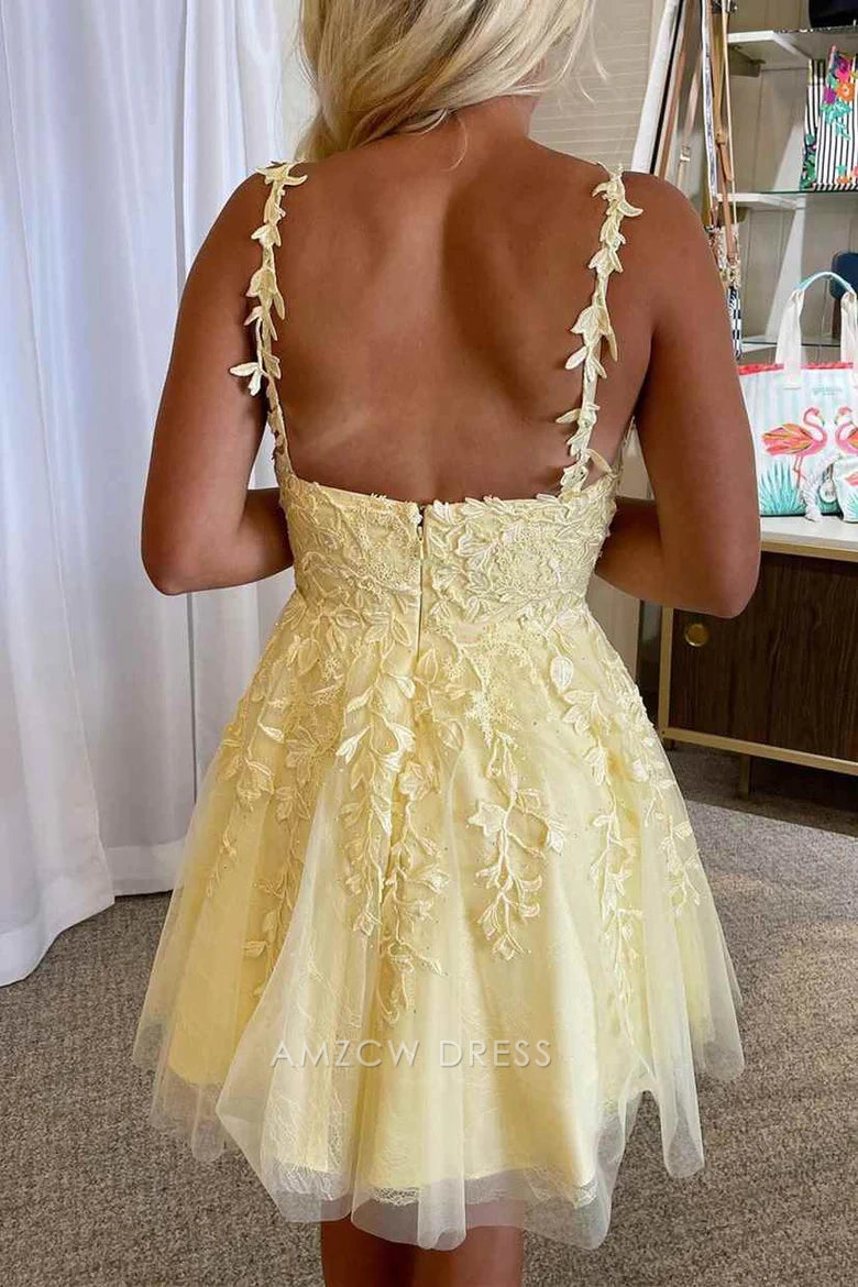 Charming A-Line V-Neck Embroidered Floral Light Yellow Short Homecoming Dress