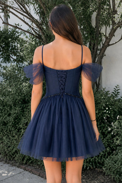Charming A-Line V-Neck Off-Shoulder Ruched Tulle Dark Navy Short Homecoming Dresses