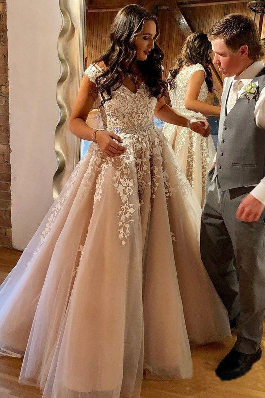 Cheap A Line Cap Sleeve Beaded Prom Dresses With Lace Appliques, Nude Quinceanera Dress