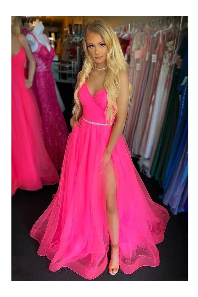 Cheap Backless Tulle Spaghetti Straps Long Prom Dresses With Split, Criss-Cross Straps Evening Dresses