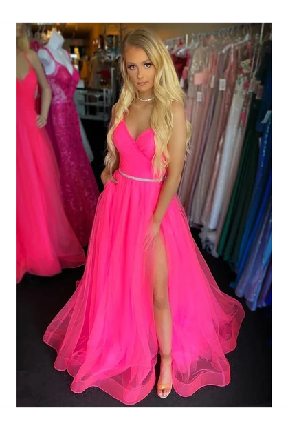 Cheap Backless Tulle Spaghetti Straps Long Prom Dresses With Split, Criss-Cross Straps Evening Dresses