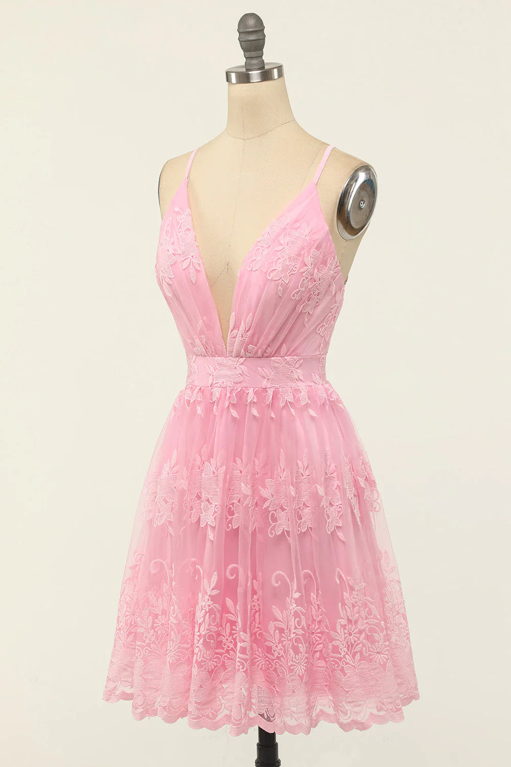 Vestidos de fiesta económicos de color morado claro con apliques de encaje y tirantes finos, escote en V profundo