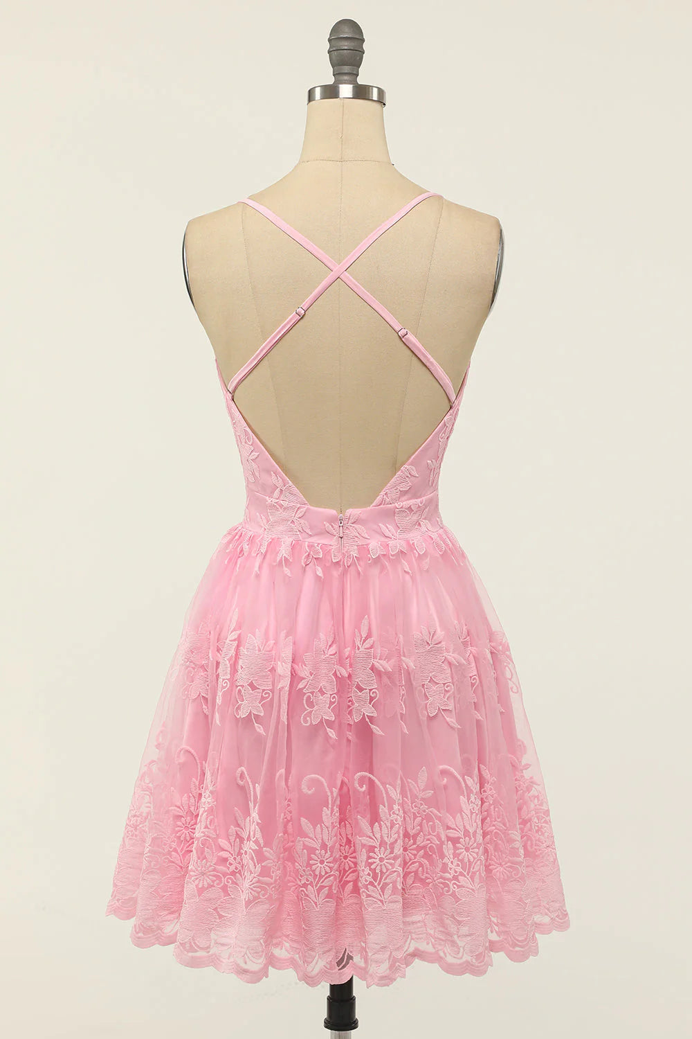 Vestidos de fiesta económicos de color morado claro con apliques de encaje y tirantes finos, escote en V profundo