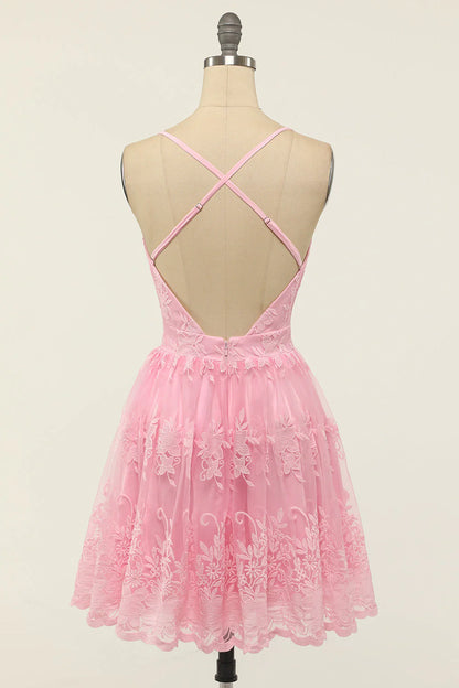 Vestidos de fiesta económicos de color morado claro con apliques de encaje y tirantes finos, escote en V profundo