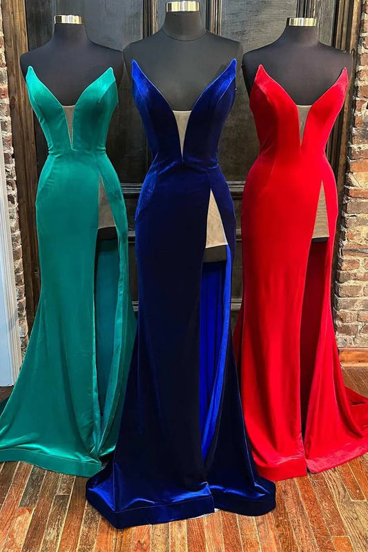 Vestidos de fiesta sin tirantes, sirena, terciopelo, cola larga, a buen precio 