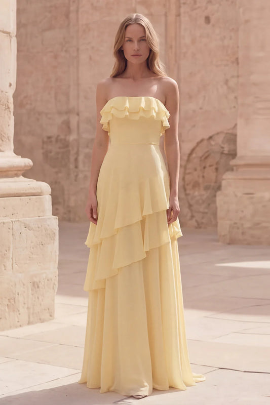 Cheerful Strapless Pale Yellow Chiffon Ruffle Tiered Gown with Sweep Train Prom Dress
