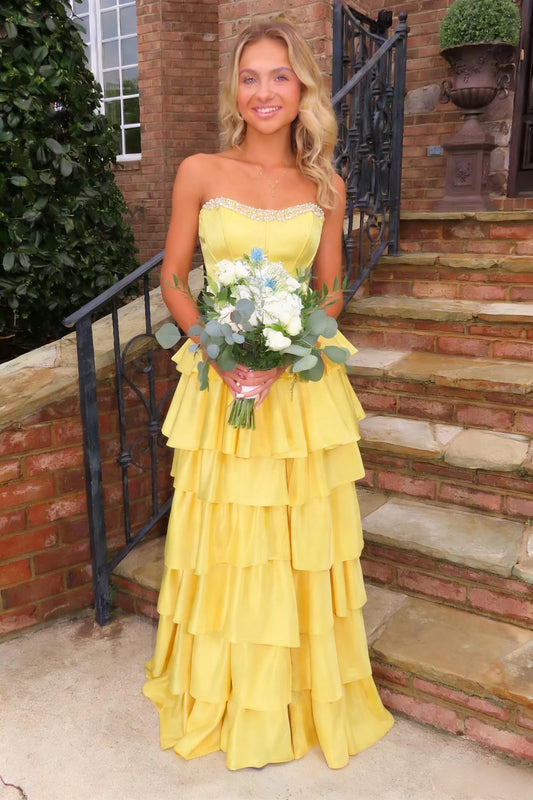 Cheerful Strapless Yellow Satin Tiered Ruffle Gown with Beaded Neckline and Lace-Up Back Prom Dress
