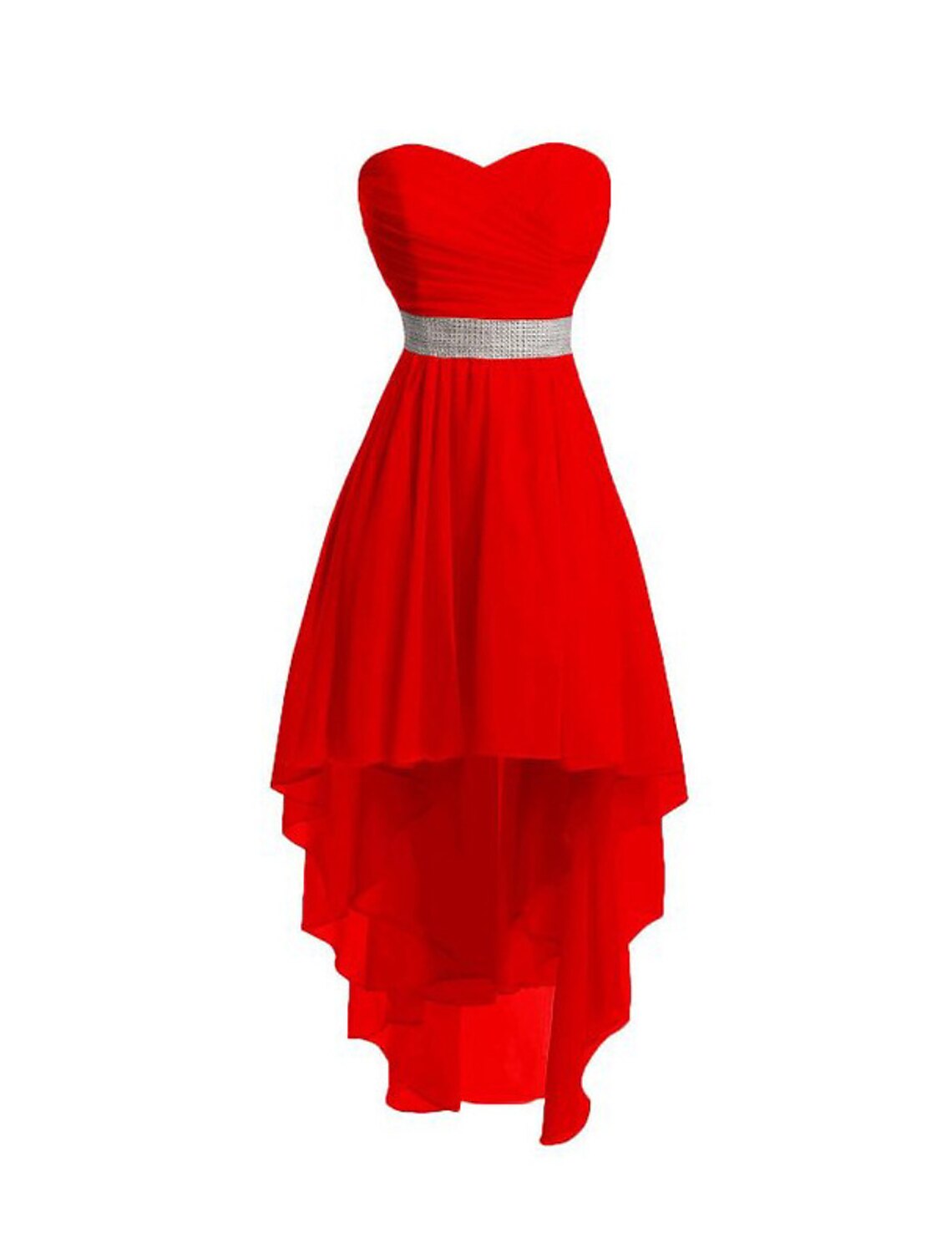 Model wearing a green A-Line strapless tiered high-low chiffon homecoming dress.