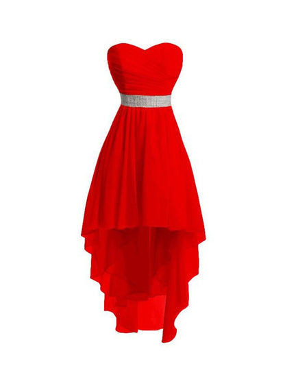 Model wearing a green A-Line strapless tiered high-low chiffon homecoming dress.