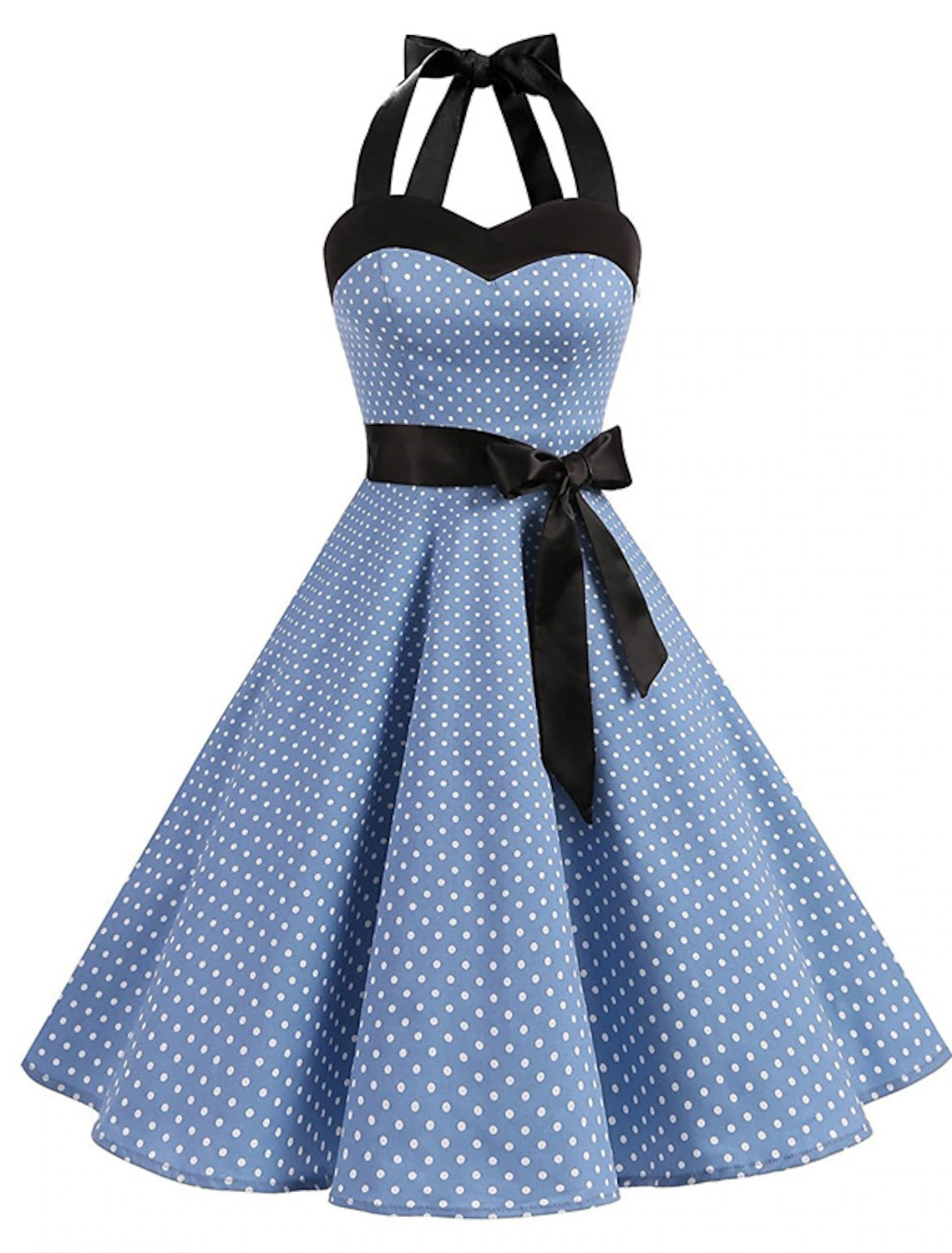 Woman wearing a black polka dot halter neck flare dress, back view.