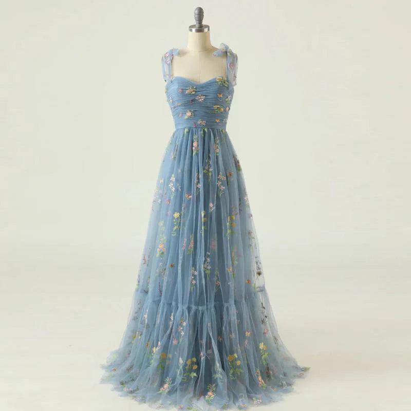 Vestido de fiesta con tirantes finos, corte A, largo, de noche, con apliques 