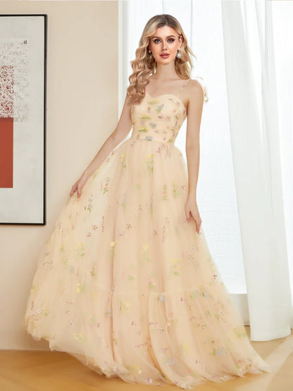Vestido de fiesta con tirantes finos, corte A, largo, de noche, con apliques 
