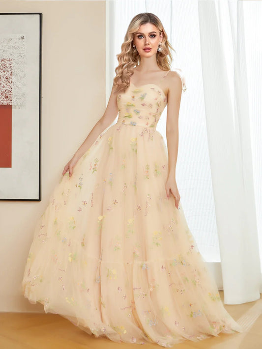 Vestido de fiesta con tirantes finos, corte A, largo, de noche, con apliques 