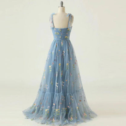 Vestido de fiesta con tirantes finos, corte A, largo, de noche, con apliques 