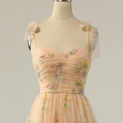 Vestido de fiesta con tirantes finos, corte A, largo, de noche, con apliques 