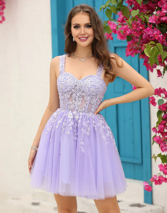 Vestido de cóctel corto con escote en V y cordones, con apliques, para regreso a casa 