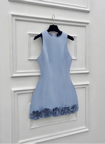 Chic Bodycon Sleeveless Round Neck 3D Floral Trim Short Homecoming Dress in Dusty Blue for Formal Events