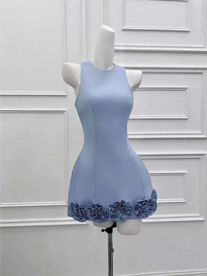Chic Bodycon Sleeveless Round Neck 3D Floral Trim Short Homecoming Dress in Dusty Blue for Formal Events