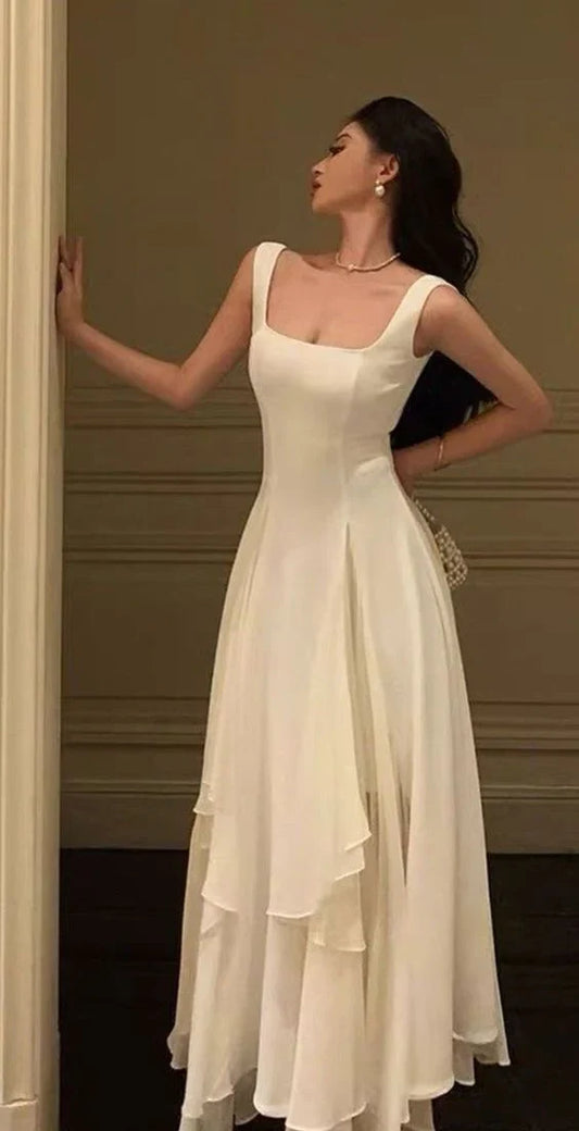 Chic Elegant Slim-Fit Square Neck Sleeveless Solid Back Long Layered Prom Dress